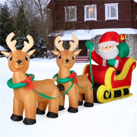 8FT Inflatable Santa on Sleigh, Santa and Reindeer Outdoor Decor with LED Lights